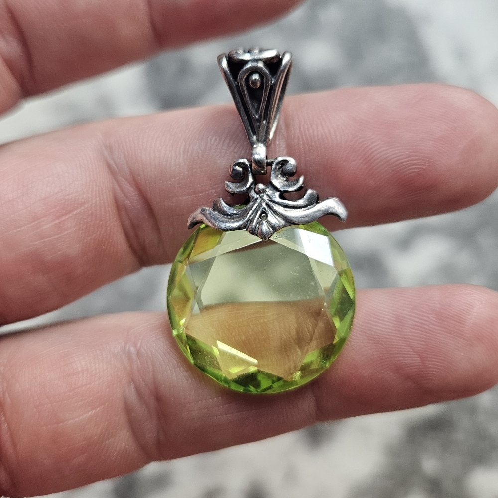 Elegant Sterling Silver and Green Pendant Heavy Clear Crystal Peridot